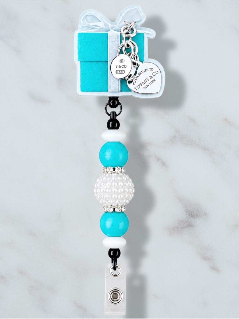 Fashion Tiffany & Co. Gift Box with Bow Beaded Badge Reel